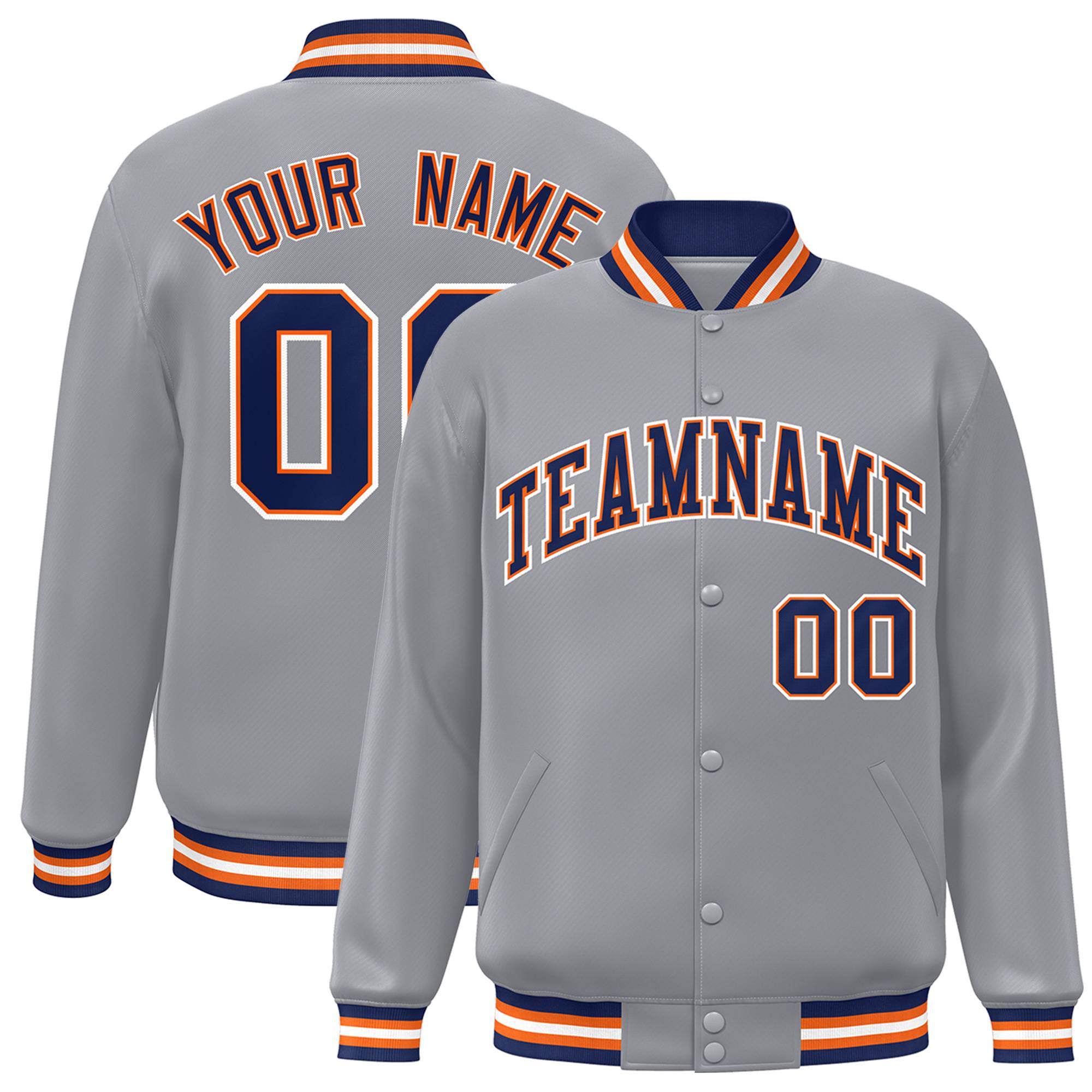 Custom Gray Navy-White Letterman Classic Style Varsity Full-Snap Bomber Jacket