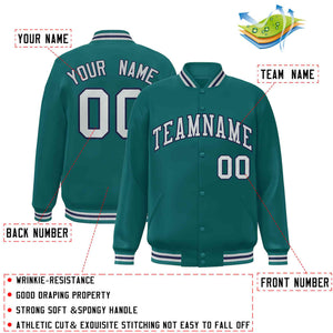 Custom Aqua Silver-Navy Blue Style classique Varsity Full-Snap Bomber Letterman Jacket