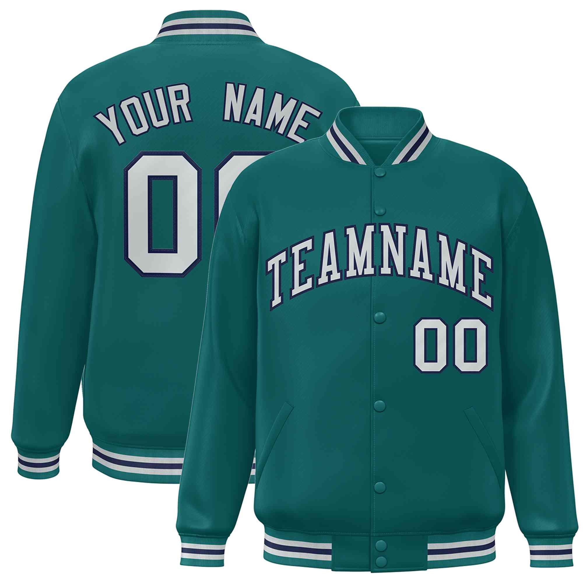 Custom Aqua Silver-Navy Blue Style classique Varsity Full-Snap Bomber Letterman Jacket