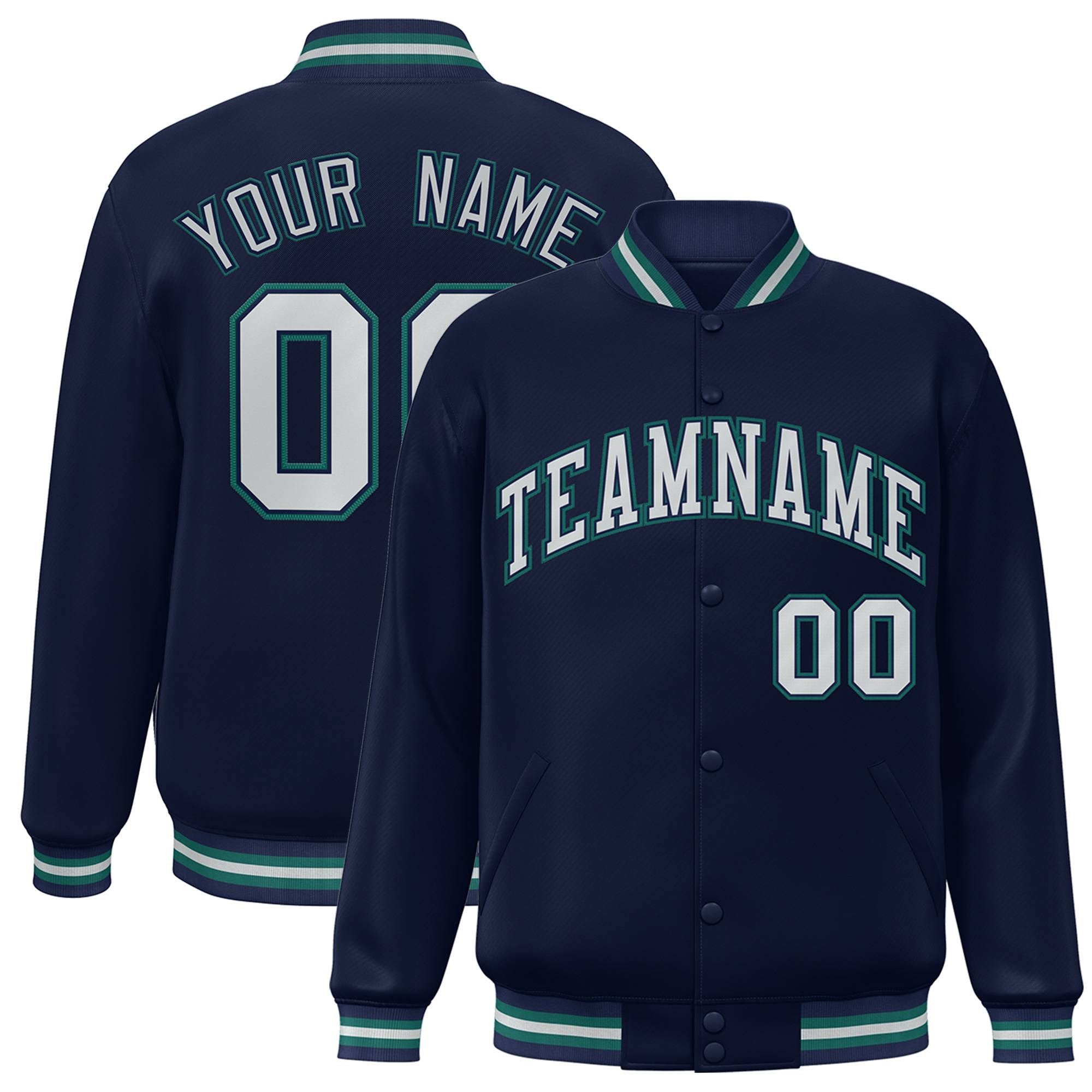 Custom Navy Blue Silver-Aqua Letterman Two Tone Classic Style Varsity Full-Snap Jacket