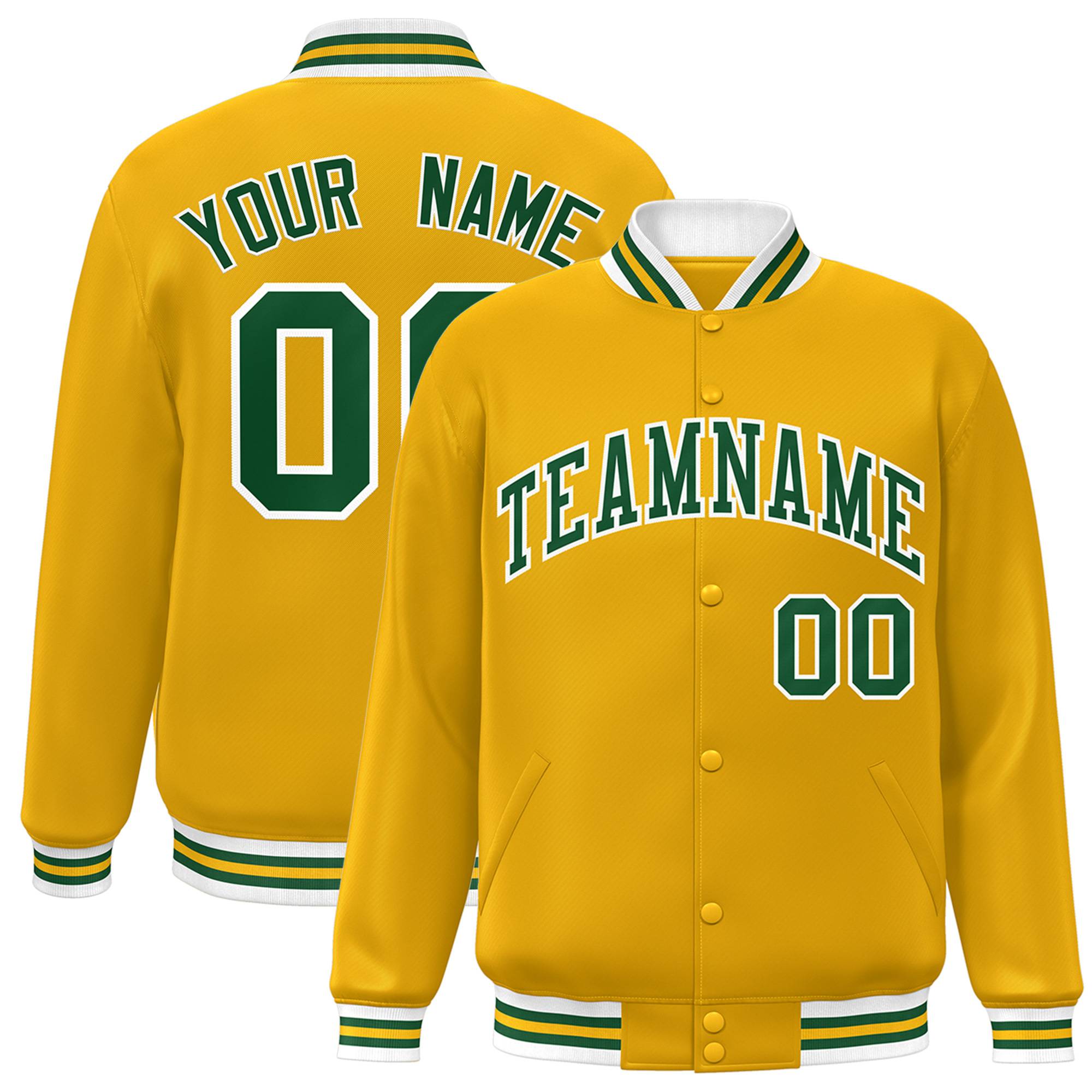 Custom Gold Green-White Classic Style Varsity Full-Snap Letterman Varsity Jacket