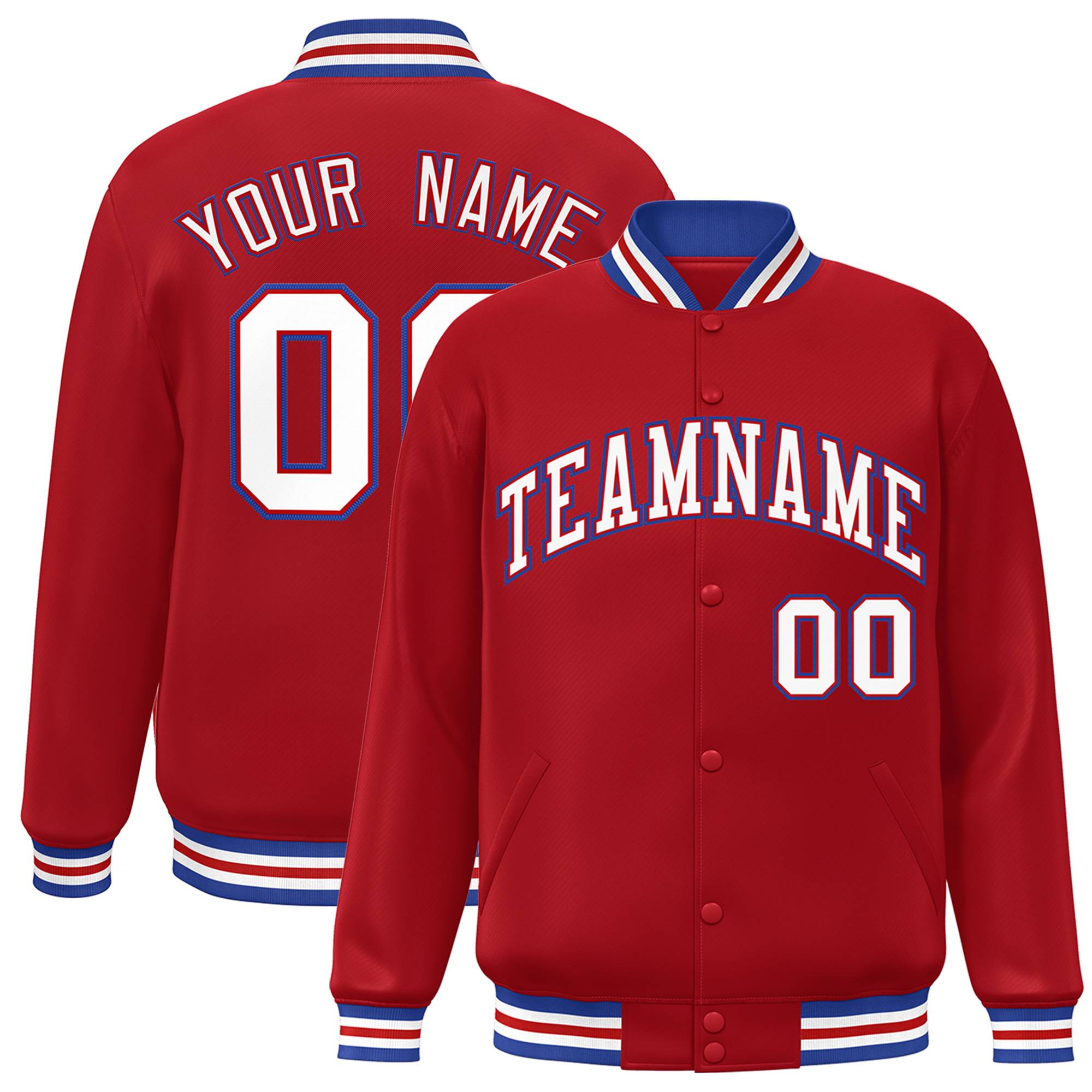 Veste Varsity Full-Snap personnalisée rouge blanc-Royal Letterman bicolore de style classique