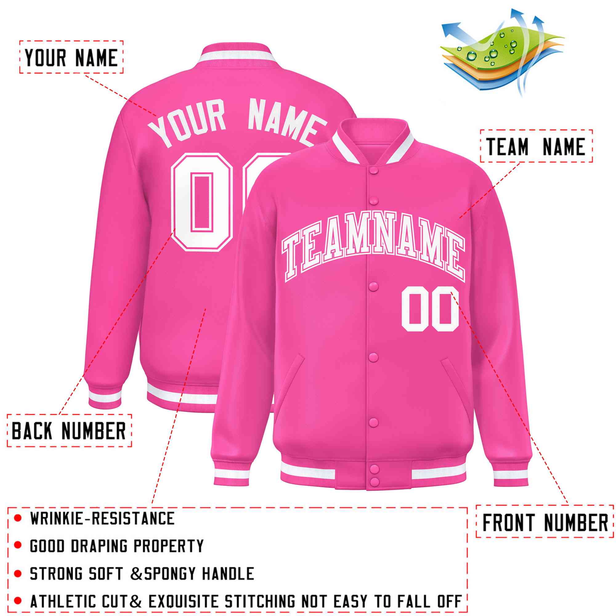 Custom Pink White Varsity Full-Snap Classic Style Letterman Baseball Jacket