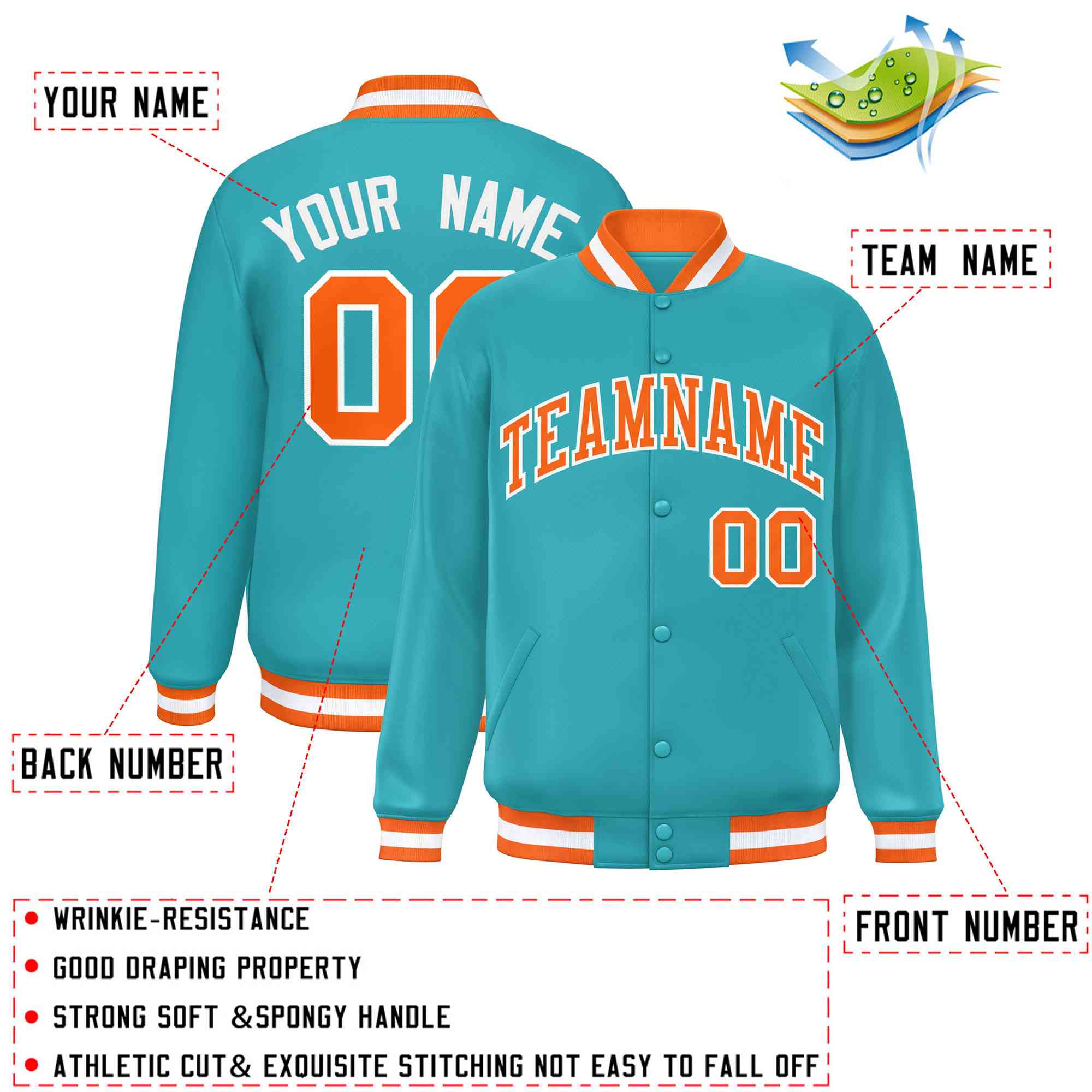 Custom Aqua Orange-White Varsity Full-Snap Classic Style Letterman Baseball Jacket