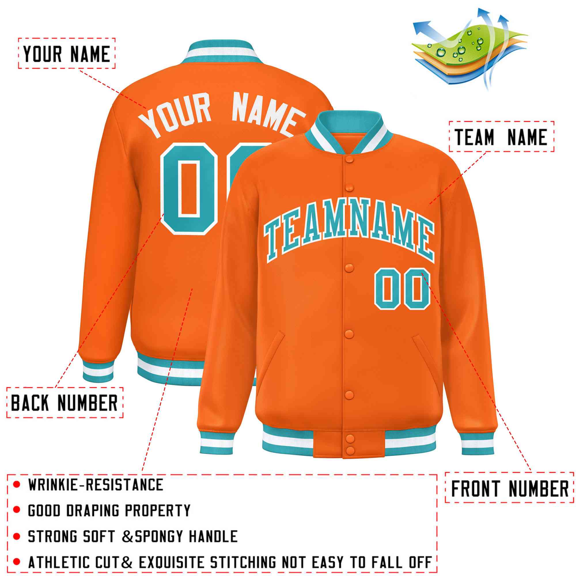 Custom Orange Aqua-White Varsity Full-Snap Classic Style Letterman Baseball Jacket