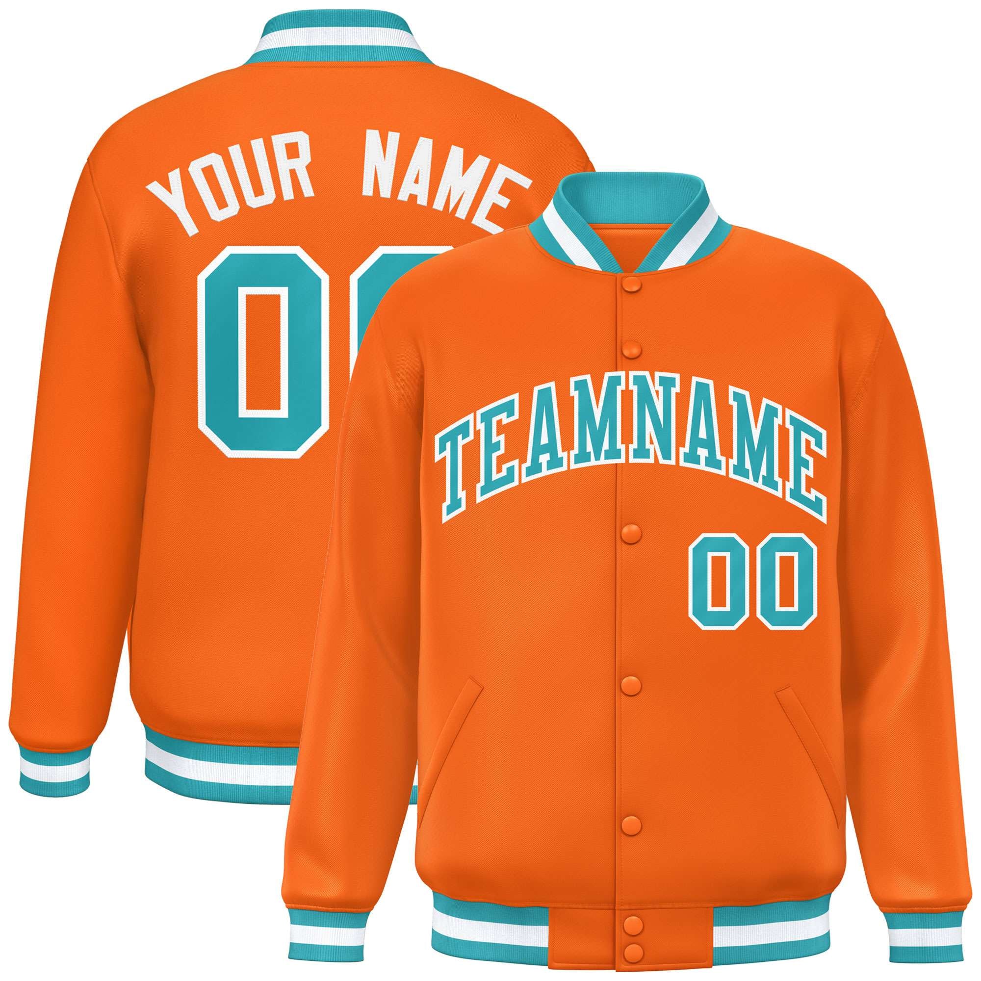 Veste de baseball Letterman de style classique à bouton-pression orange Aqua-White personnalisée