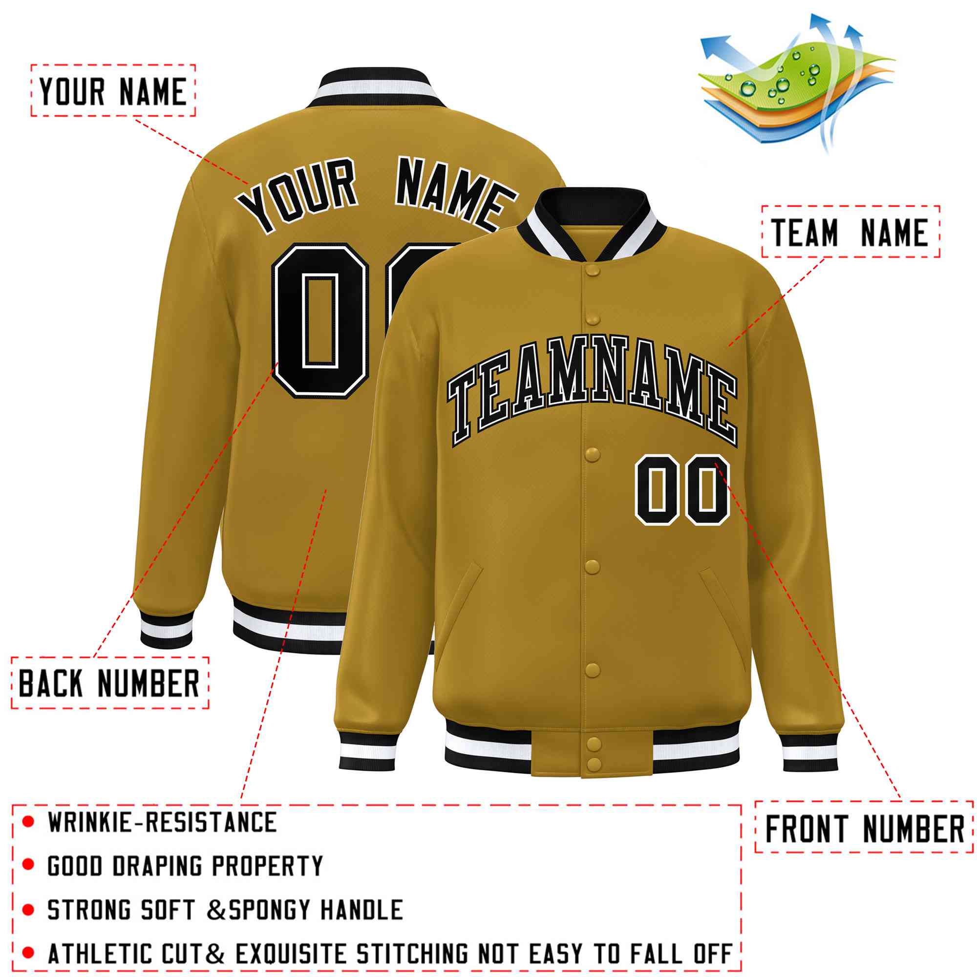 Custom Old Gold Black-White Varsity Full-Snap Classic Style Letterman Baseball Jacket