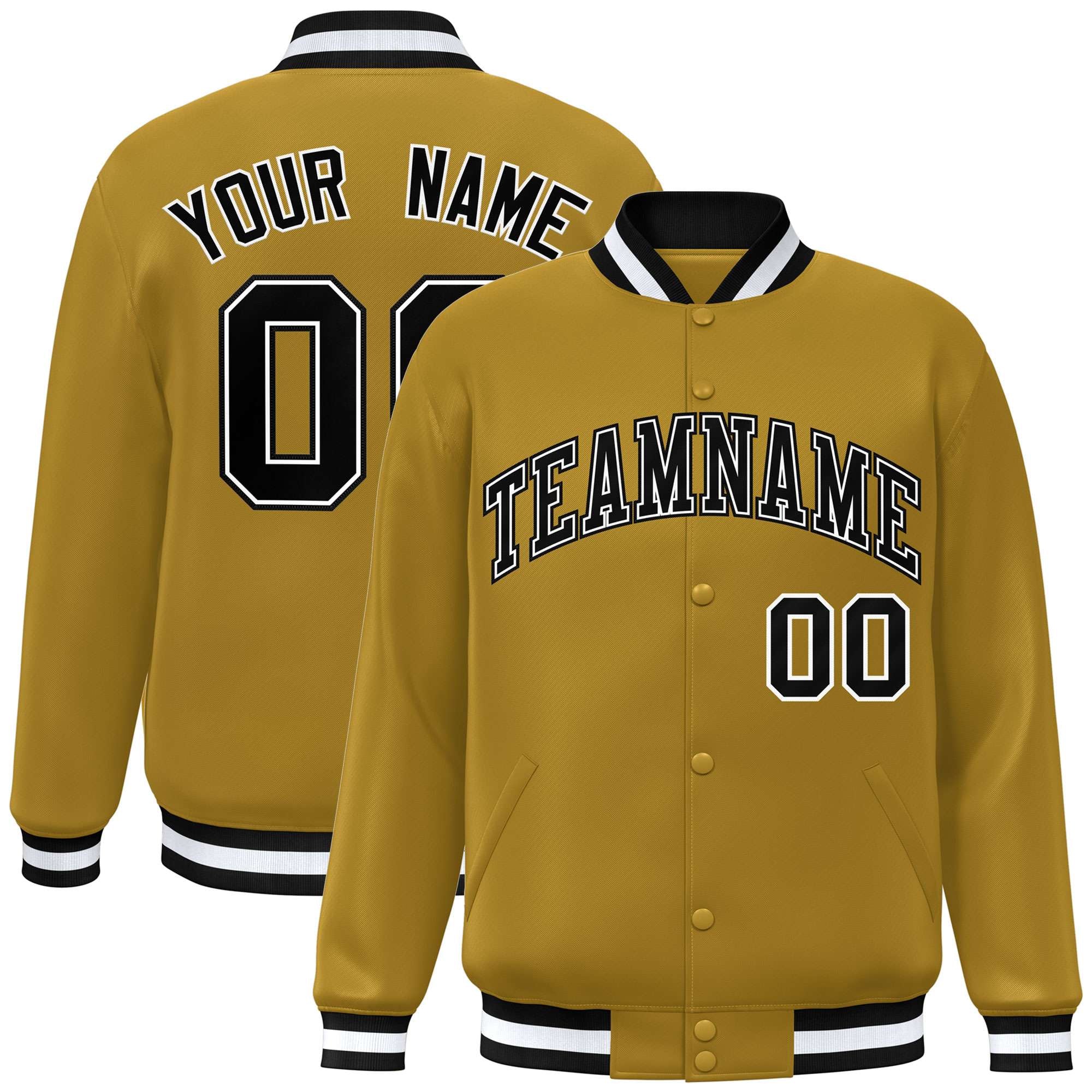 Custom Old Gold Black-White Varsity Full-Snap Classic Style Letterman Baseball Jacket