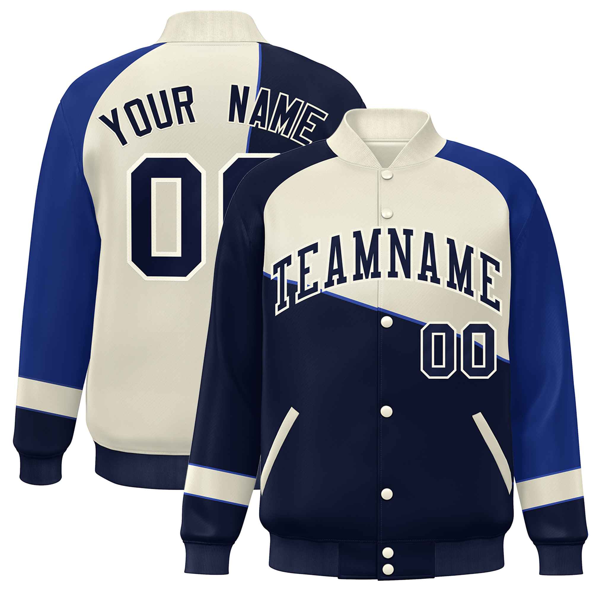 Veste de baseball universitaire à boutons-pression personnalisés Navy Cream-Royal Color Block