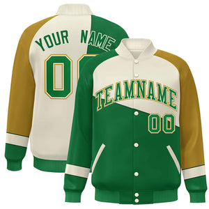 Veste de baseball personnalisée Kelly Green White-Old Gold Color Block Bomber Varsity Full-Snap