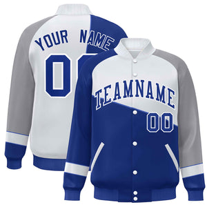 Veste de baseball personnalisée Royal White-Gray Color Block Bomber Varsity Full-Snap