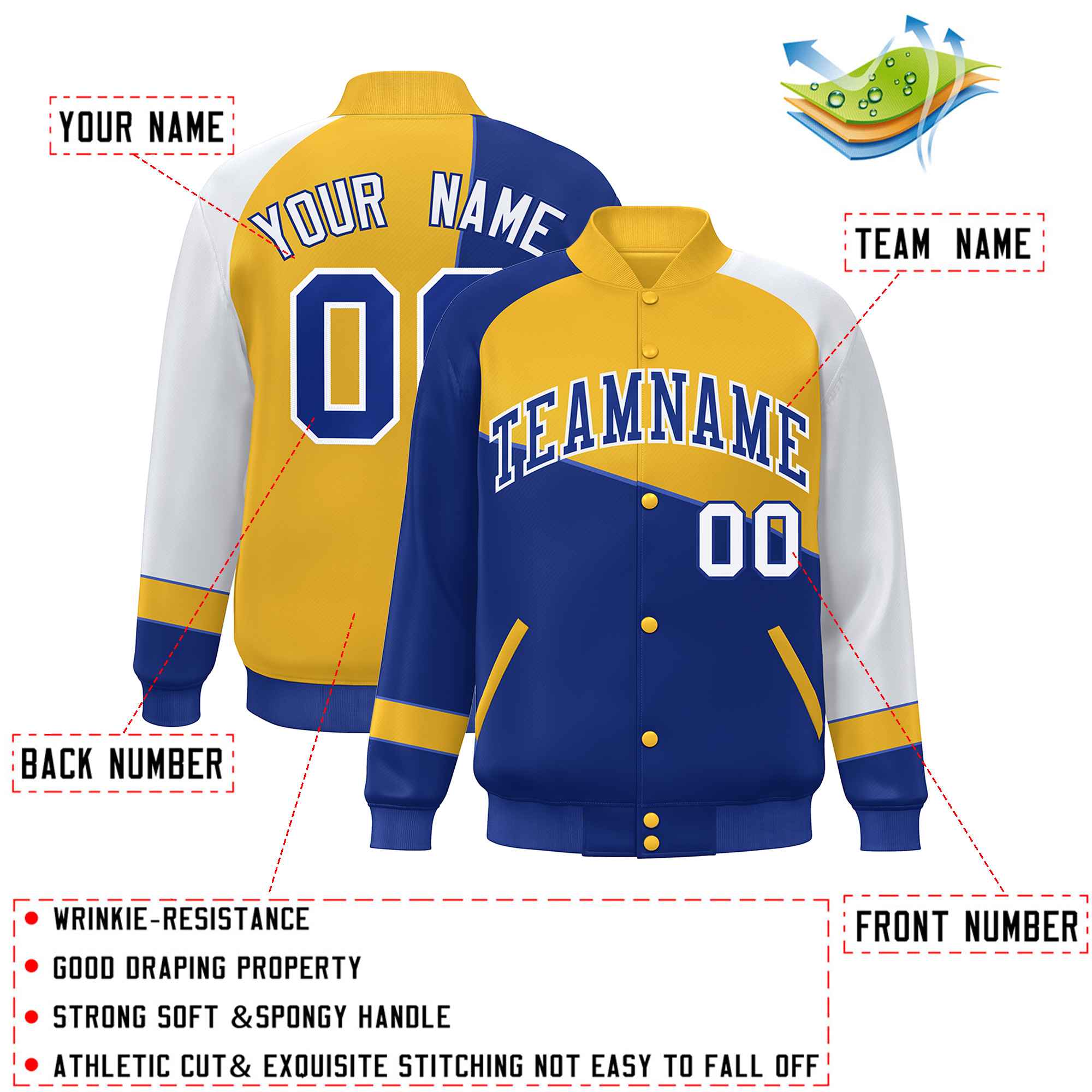 Veste de baseball personnalisée Royal Gold-White Color Block Bomber Varsity Full-Snap