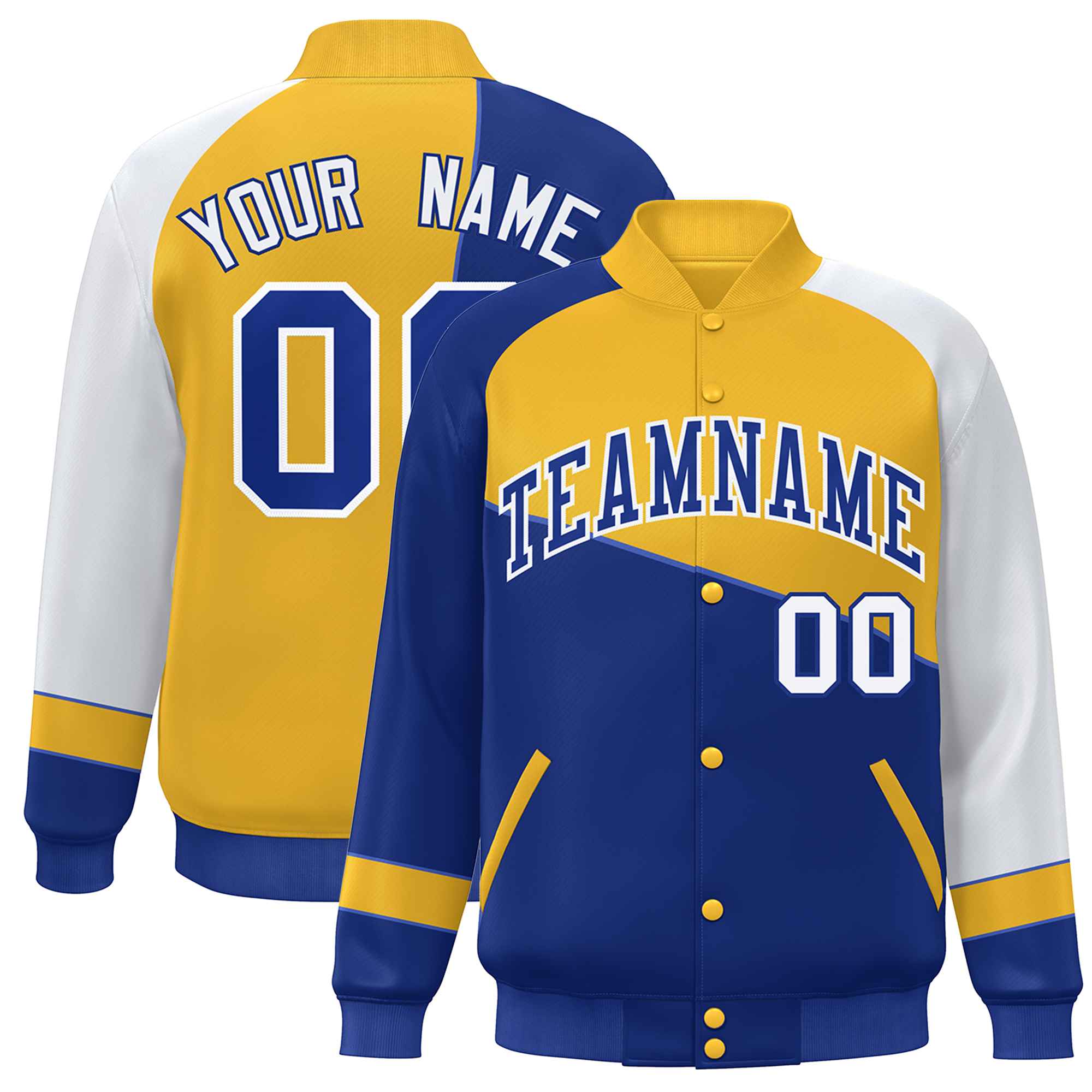 Veste de baseball personnalisée Royal Gold-White Color Block Bomber Varsity Full-Snap