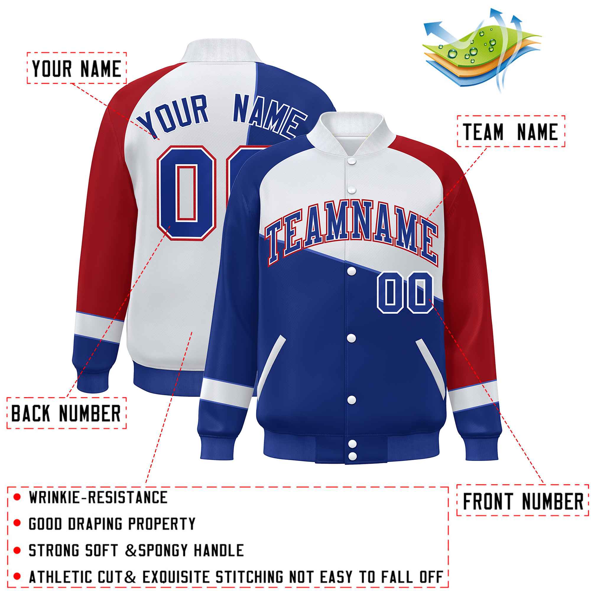 Custom Royal White-Red Color Block Bomber Varsity Full-Snap Baseball Jacket