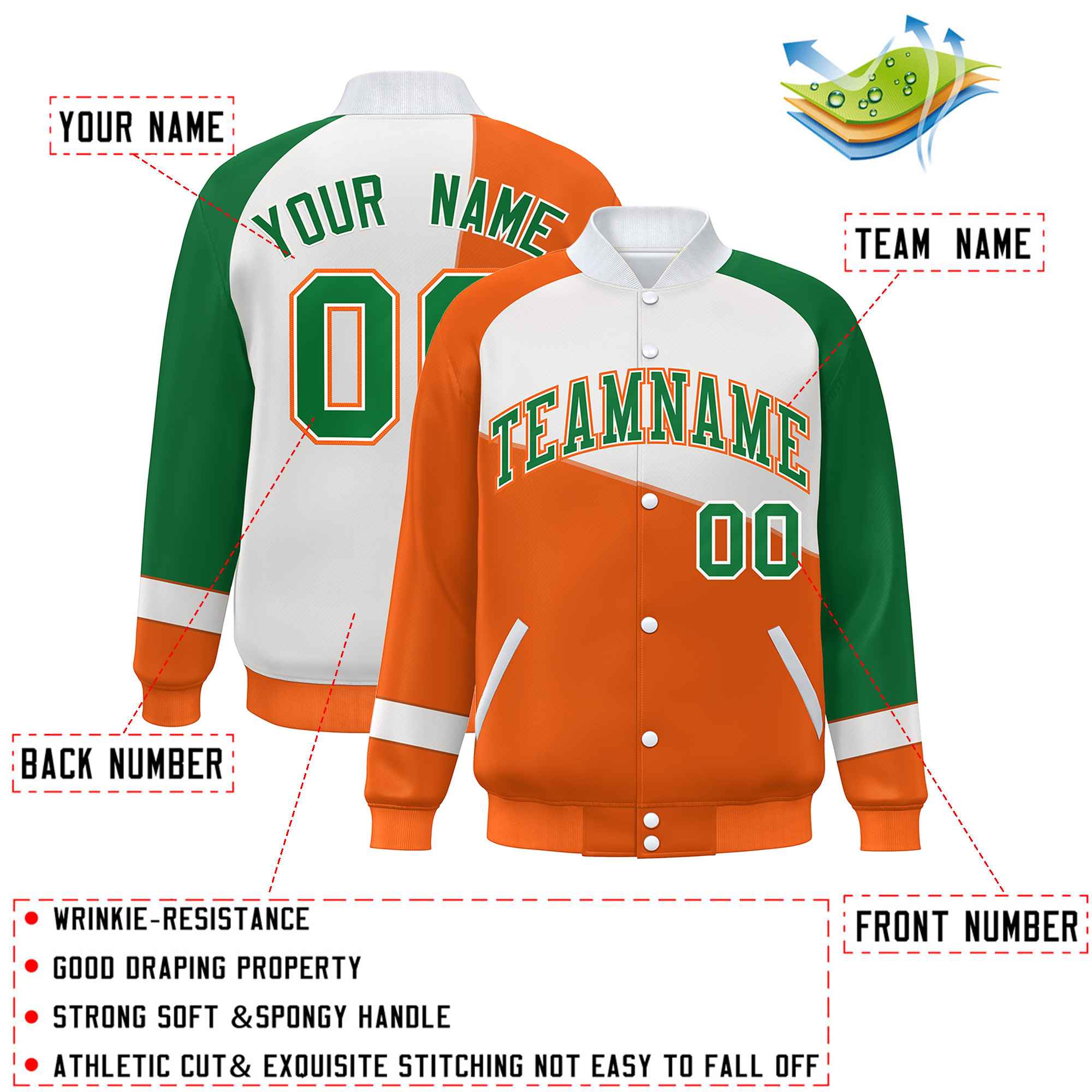 Veste de baseball universitaire à fermeture éclair personnalisée orange blanc-vert Kelly