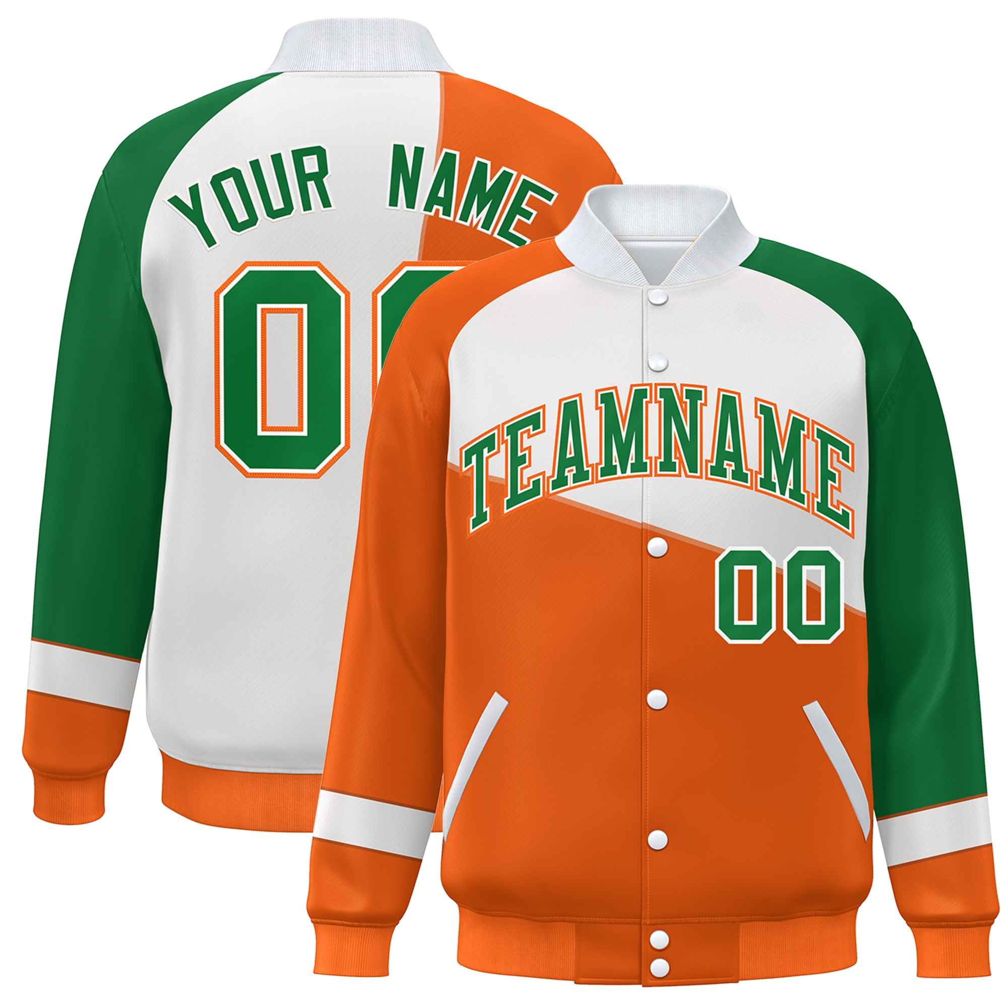 Veste de baseball universitaire à fermeture éclair personnalisée orange blanc-vert Kelly