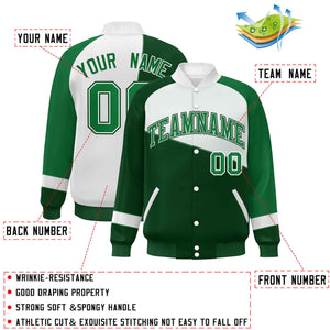 Custom Green White-Kelly Green Color Block Bomber Varsity Full-Snap Baseball Jacket