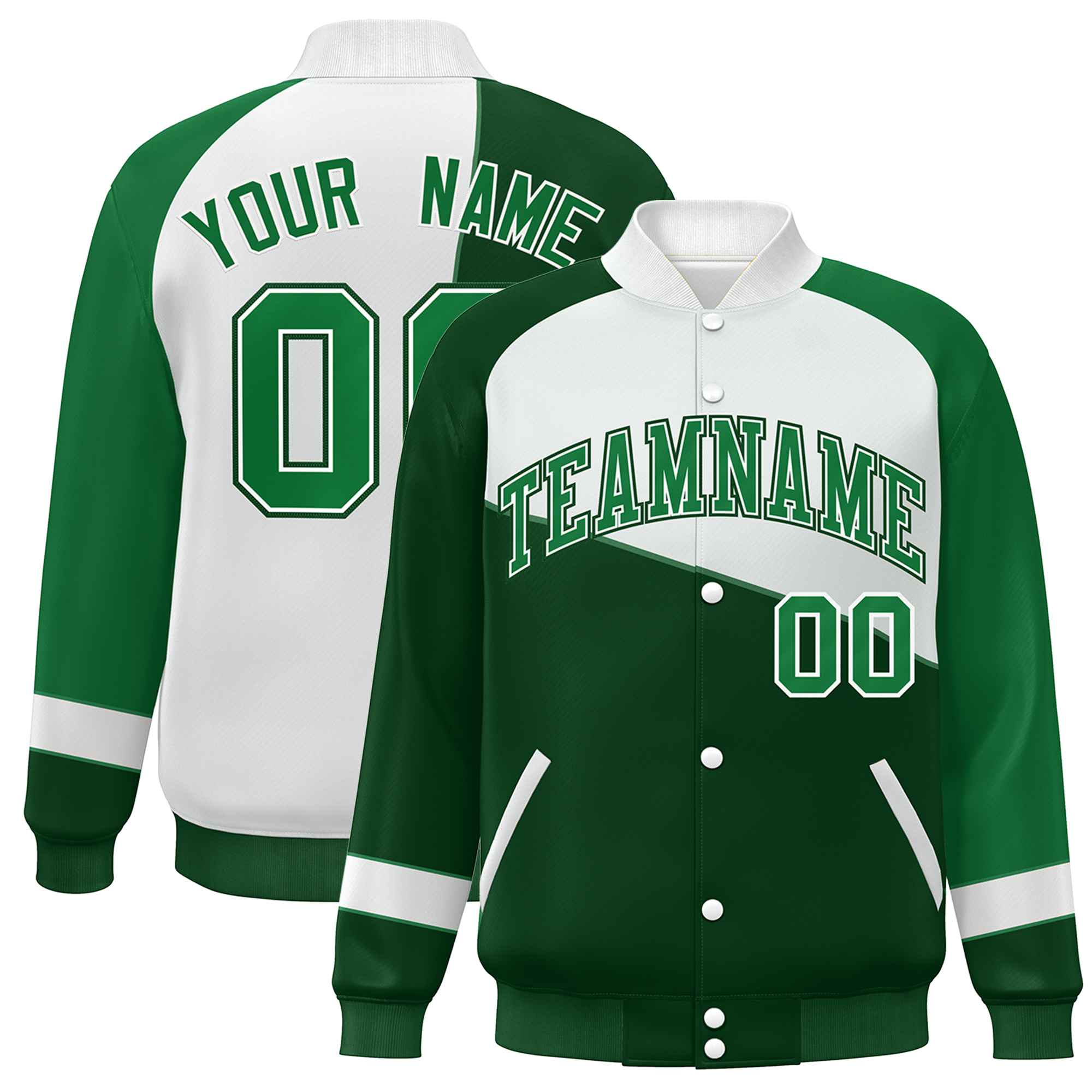 Veste de baseball universitaire à fermeture éclair personnalisée vert blanc-vert Kelly