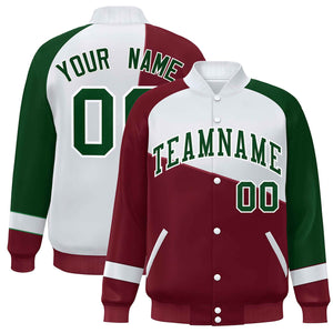 Custom Crimson White-Green Color Block Bomber Varsity Full-Snap Baseball Jacket