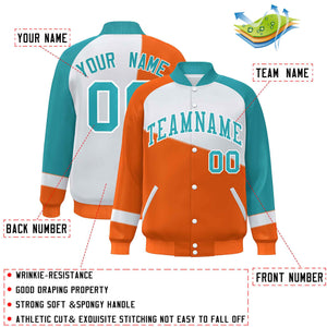 Custom Orange White-Aqua Color Block Bomber Varsity Full-Snap Baseball Jacket