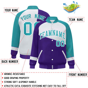 Custom Purple White-Aqua Color Block Bomber Varsity Full-Snap Baseball Jacket