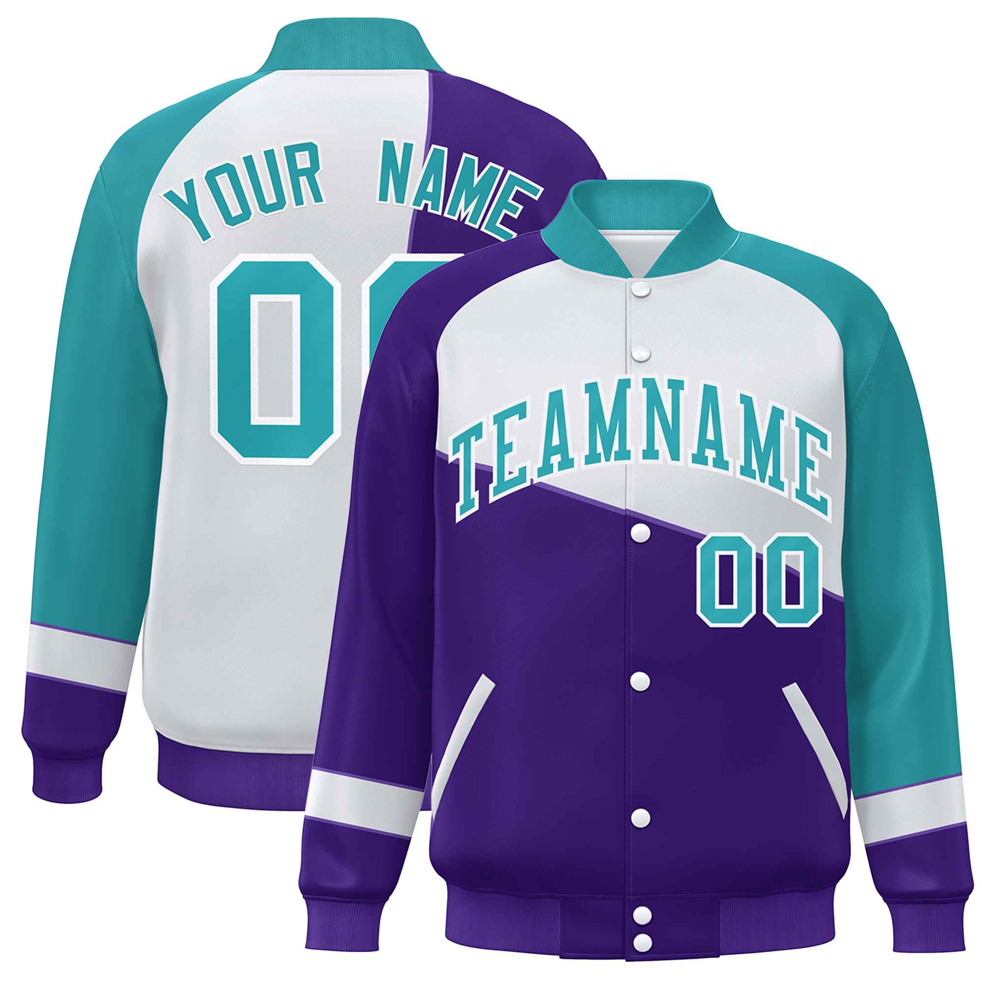 Veste de baseball universitaire à bouton-pression personnalisée violet blanc-aqua color block