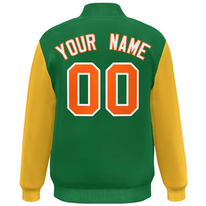 Custom Kelly Green Gold-Orange Color Block Varsity Full-Snap Bomber Jacket