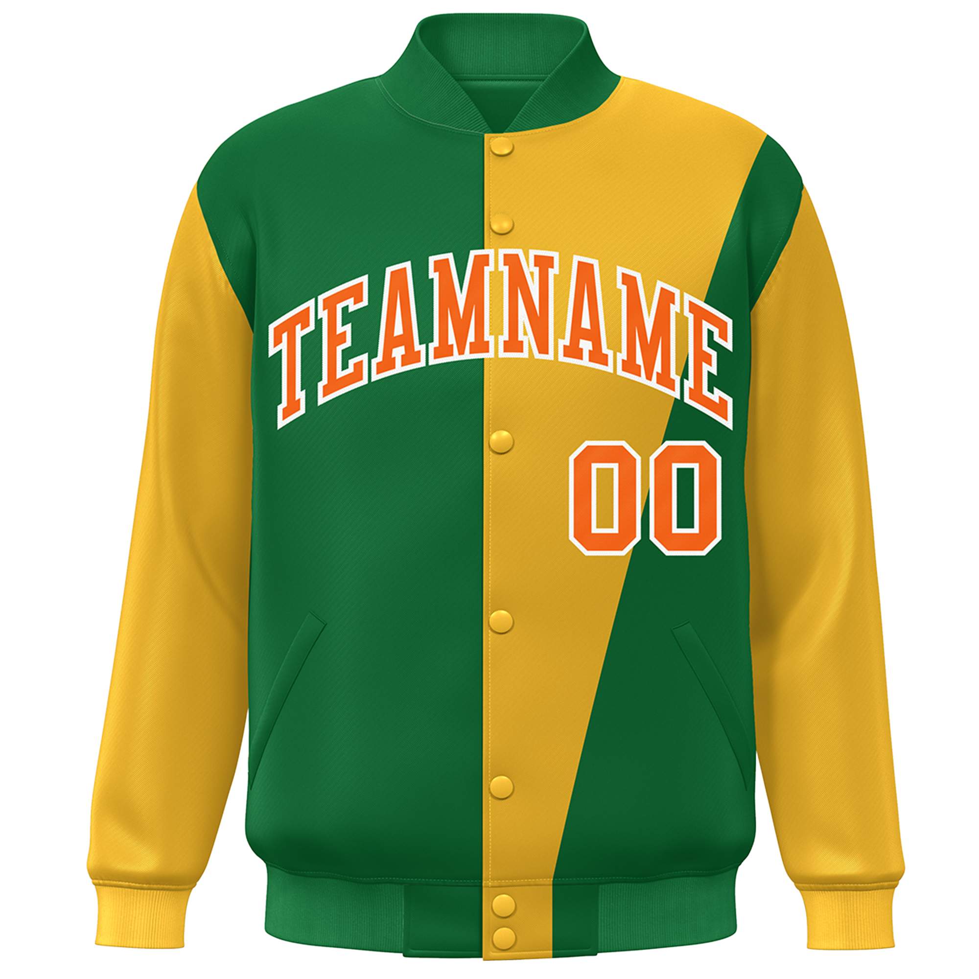 Custom Kelly Green Gold-Orange Color Block Varsity Full-Snap Bomber Jacket