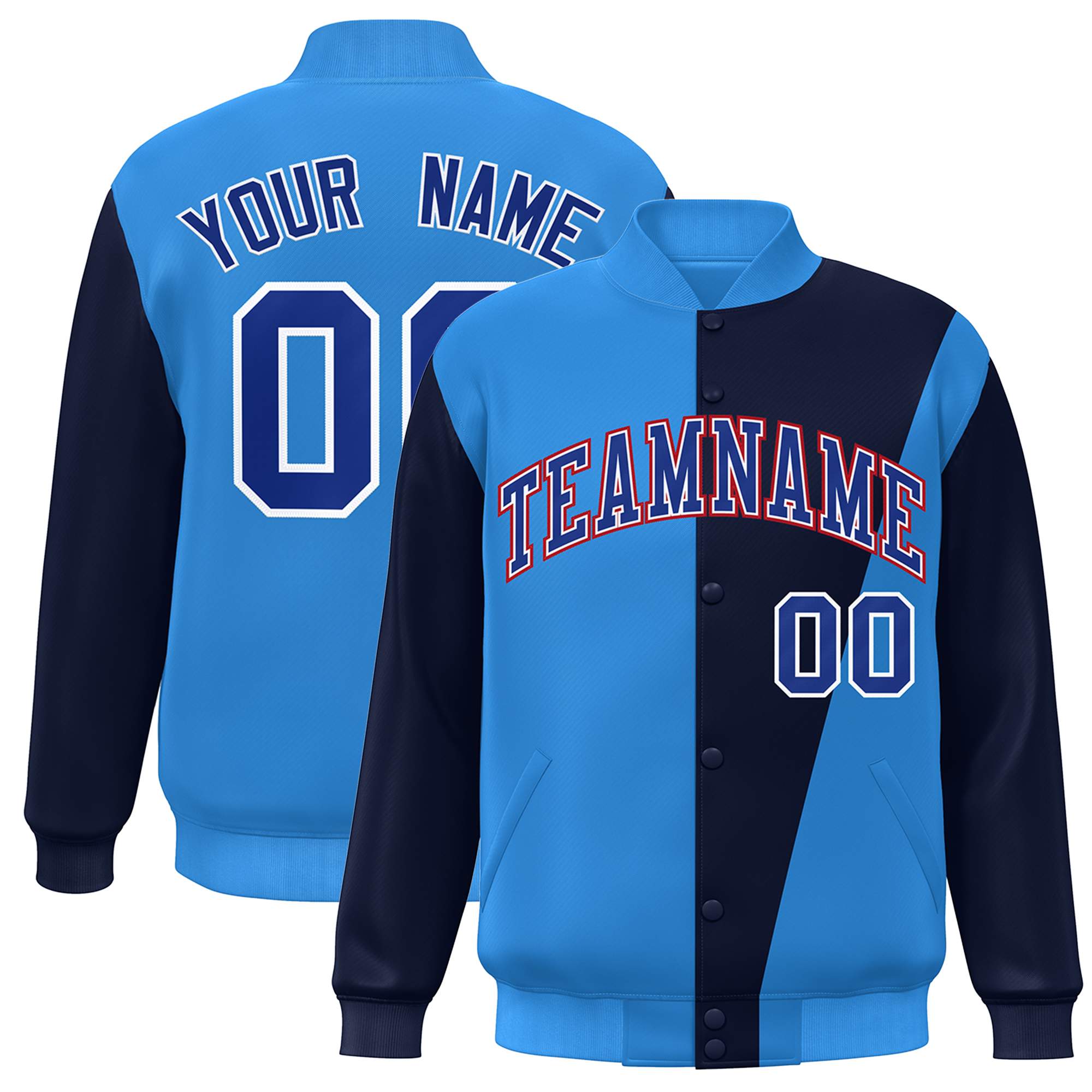 Custom Powder Blue Navy-Royal Color Block Varsity Full-Snap Bomber Jacket