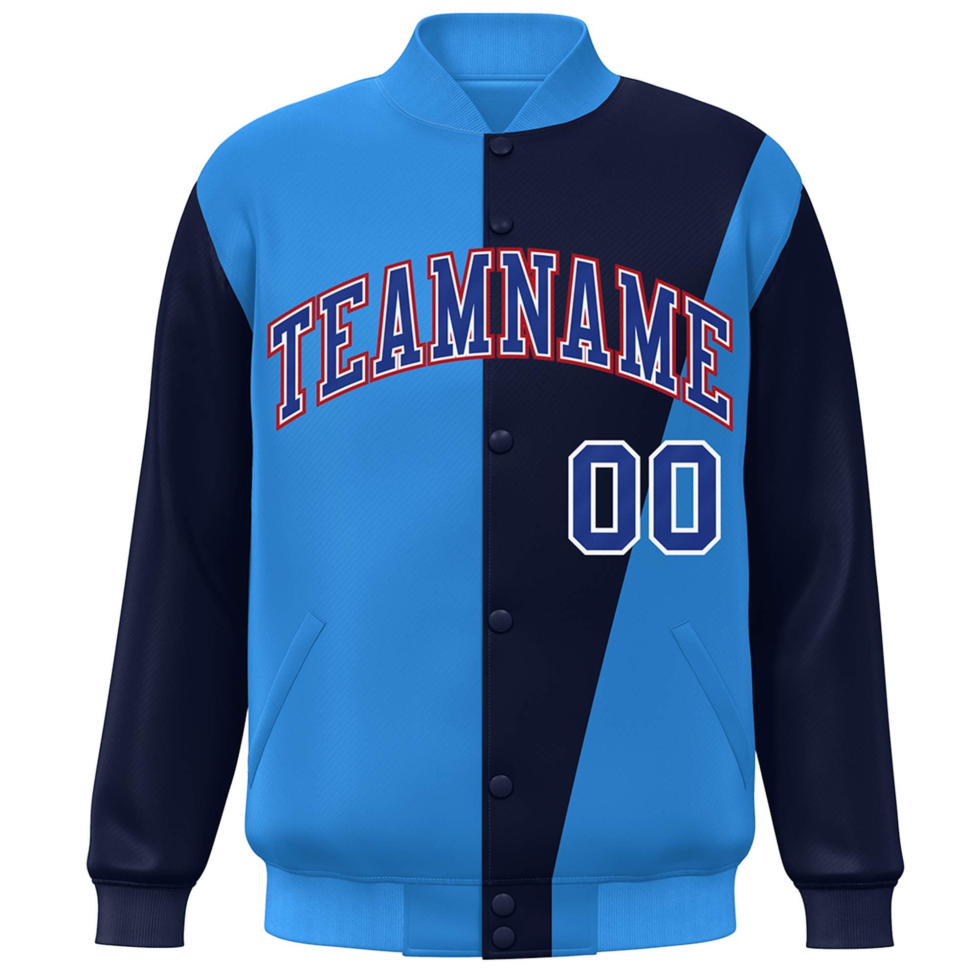 Custom Powder Blue Navy-Royal Color Block Varsity Full-Snap Bomber Jacket