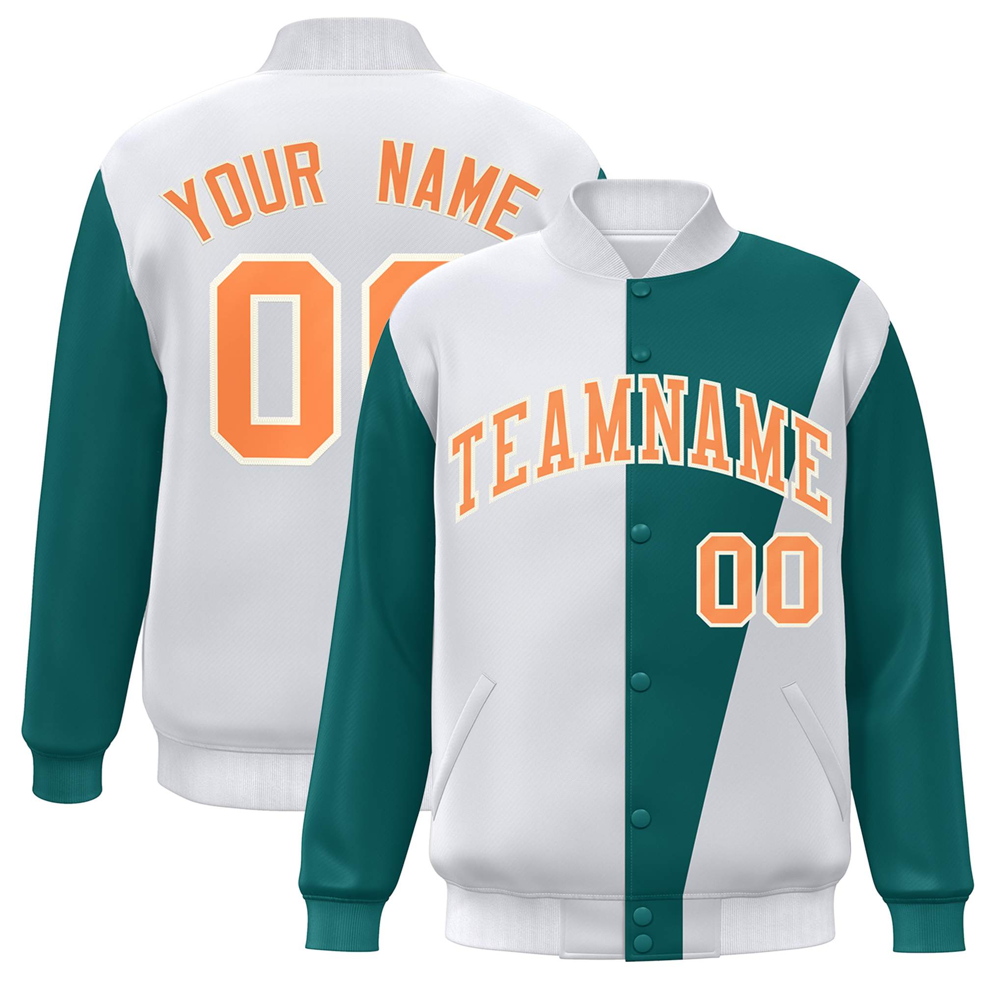 Custom White Aqua-Orange Color Block Varsity Full-Snap Bomber Jacket