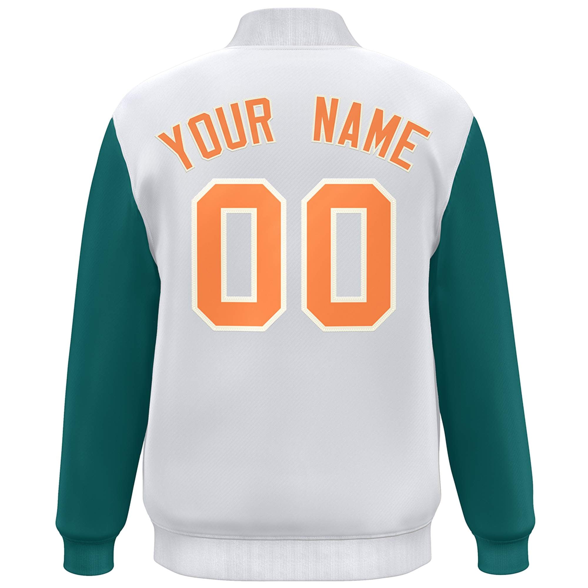 Custom White Aqua-Orange Color Block Varsity Full-Snap Bomber Jacket