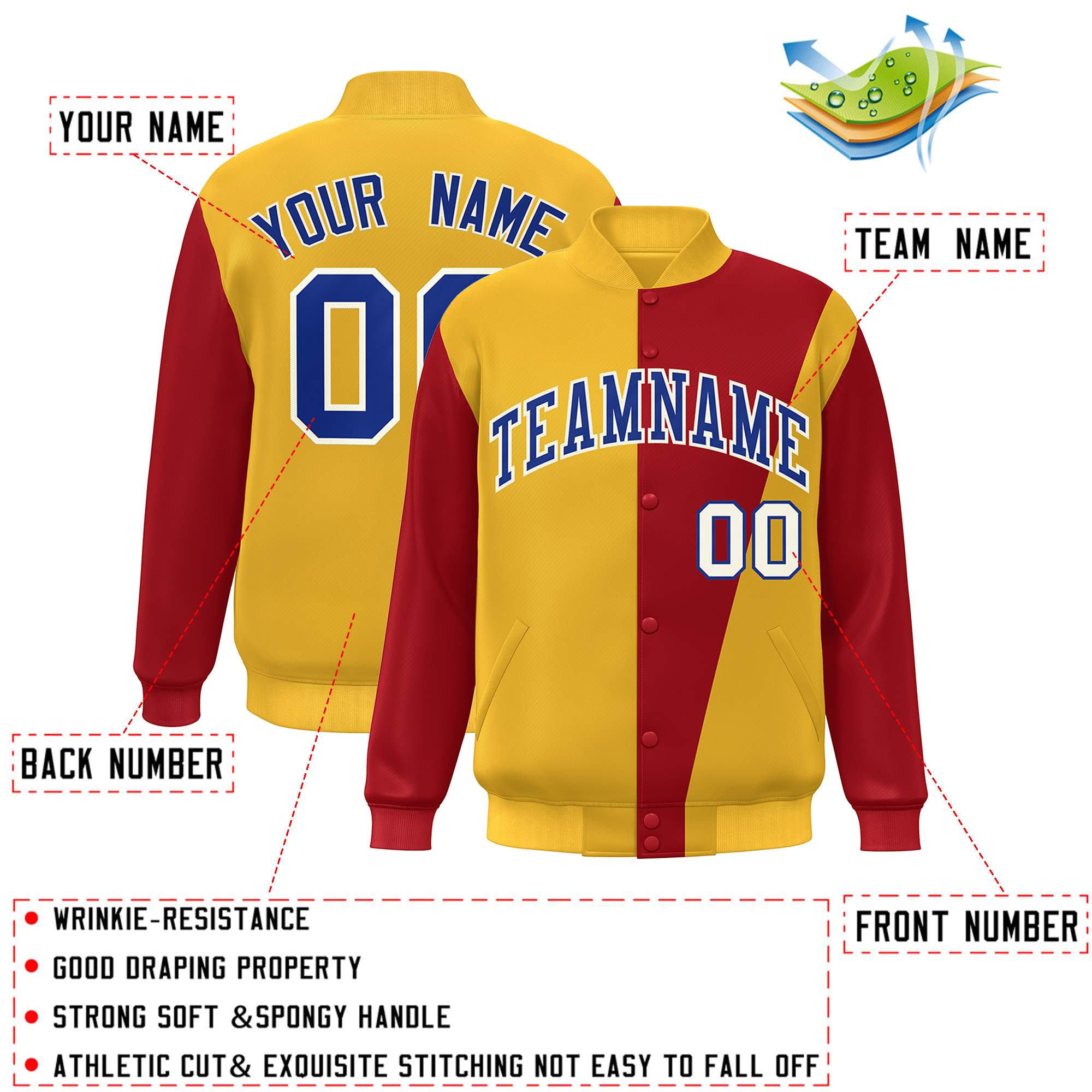 Custom Yellow Red-Royal Color Block Varsity Full-Snap Bomber Jacket