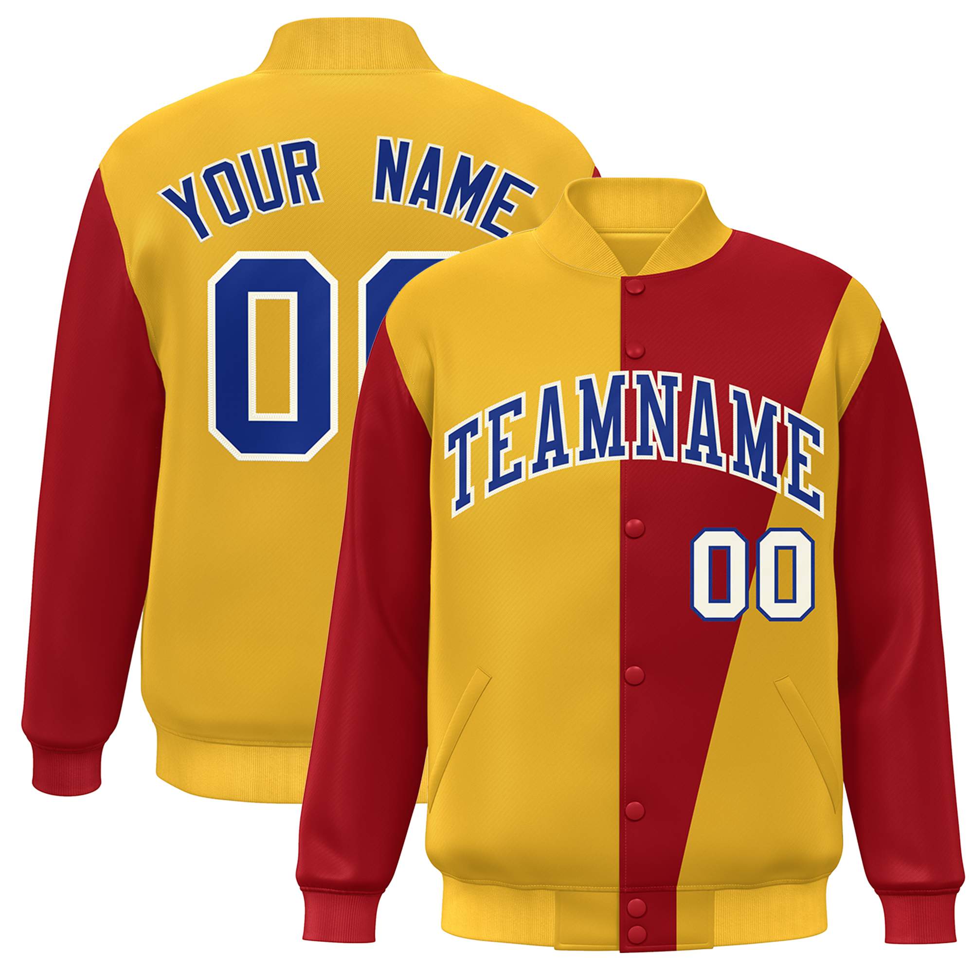 Custom Yellow Red-Royal Color Block Varsity Full-Snap Bomber Jacket