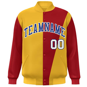 Custom Yellow Red-Royal Color Block Varsity Full-Snap Bomber Jacket