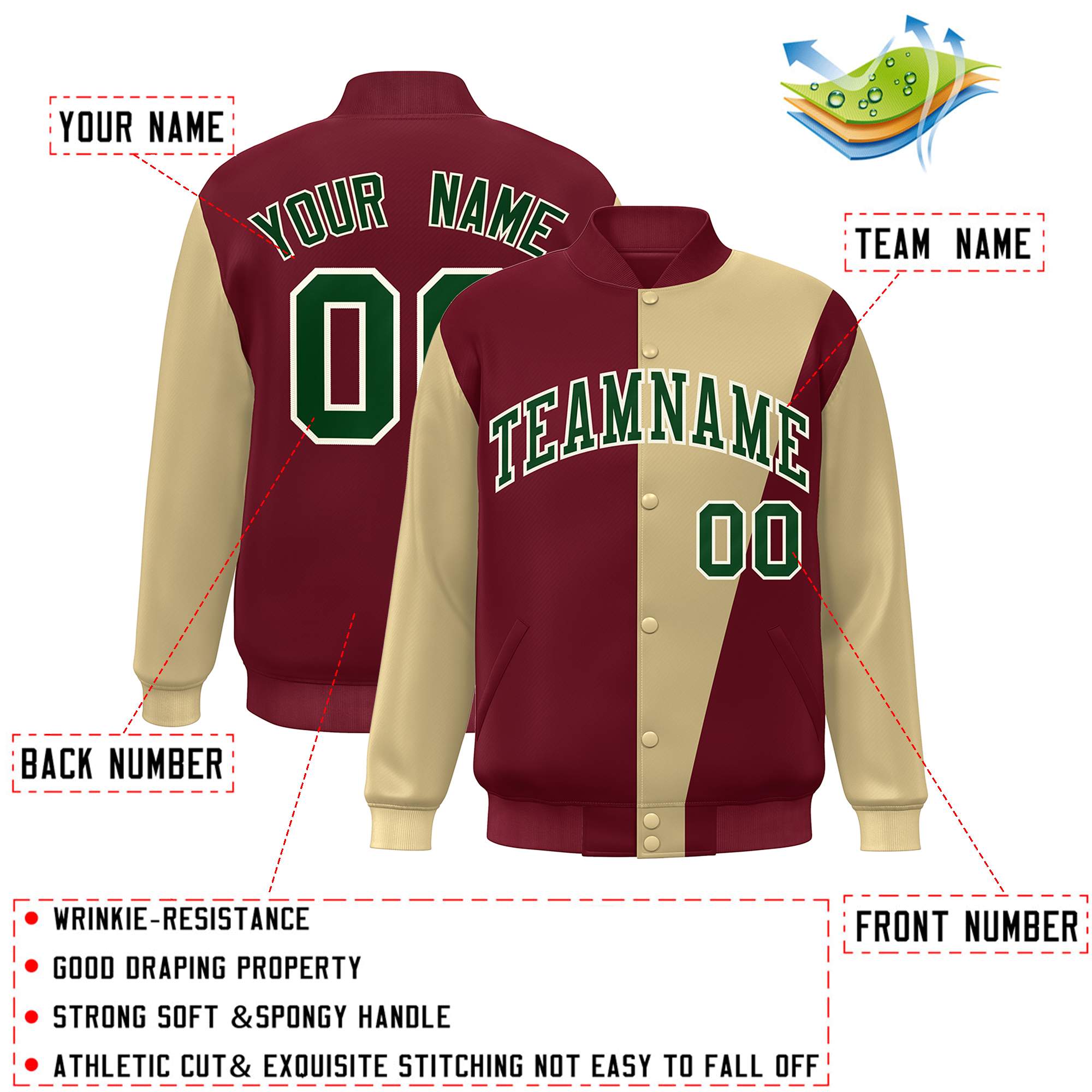 Custom Crimson Khaki-Green Color Block Varsity Full-Snap Bomber Jacket