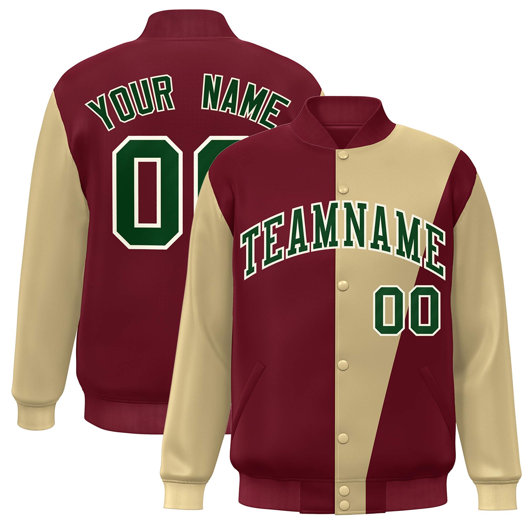 Custom Crimson Khaki-Green Color Block Varsity Full-Snap Bomber Jacket