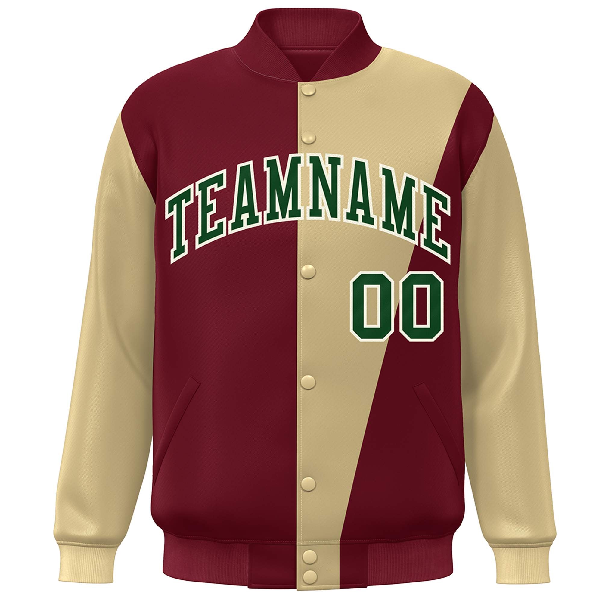 Custom Crimson Khaki-Green Color Block Varsity Full-Snap Bomber Jacket