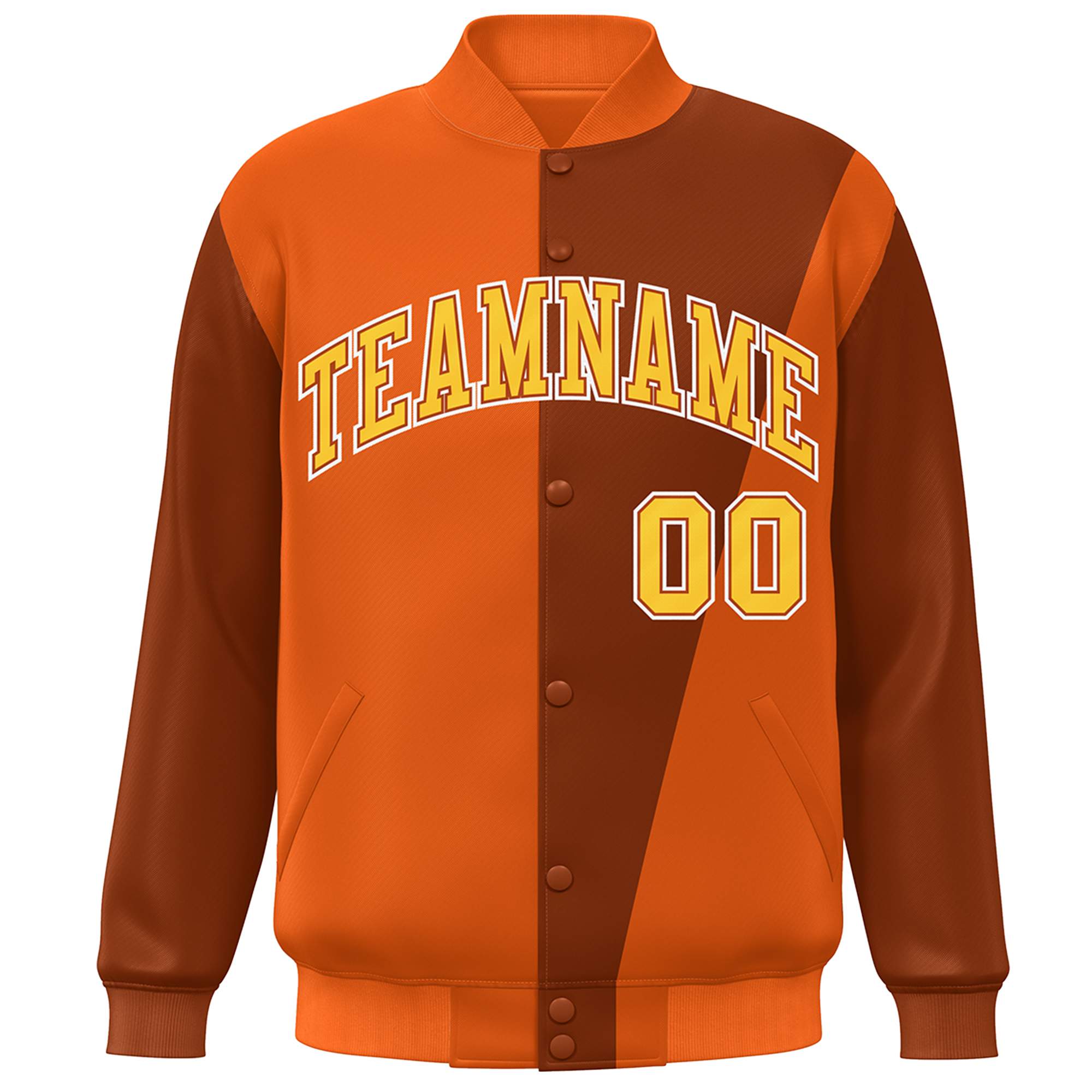 Custom Orange Yellow Color Block Varsity Full-Snap Bomber Jacket