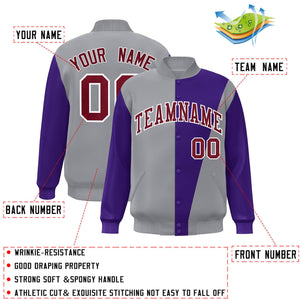 Custom Gray Purple-Crimson Color Block Varsity Full-Snap Bomber Jacket