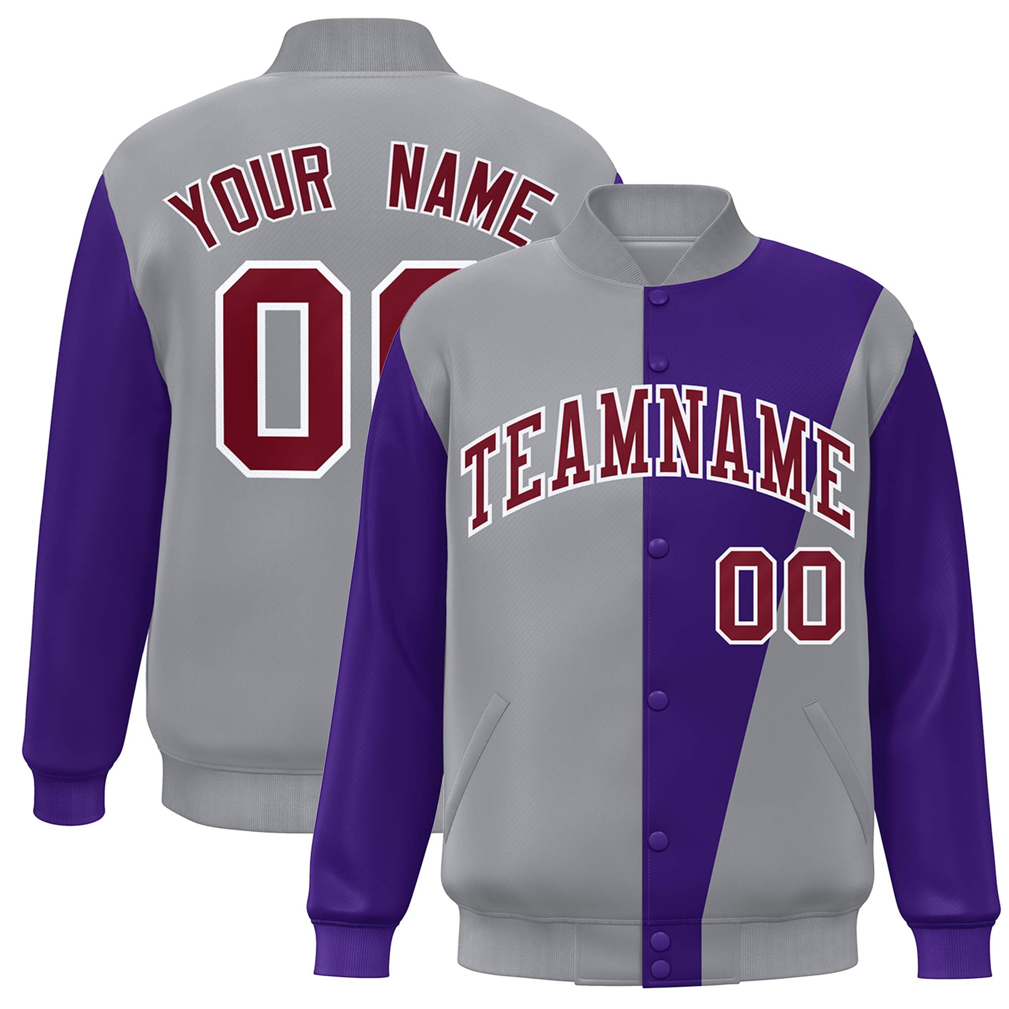 Custom Gray Purple-Crimson Color Block Varsity Full-Snap Bomber Jacket