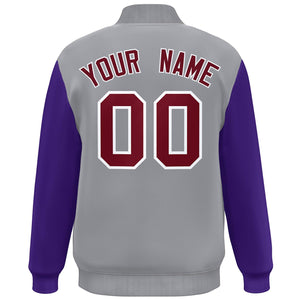 Custom Gray Purple-Crimson Color Block Varsity Full-Snap Bomber Jacket