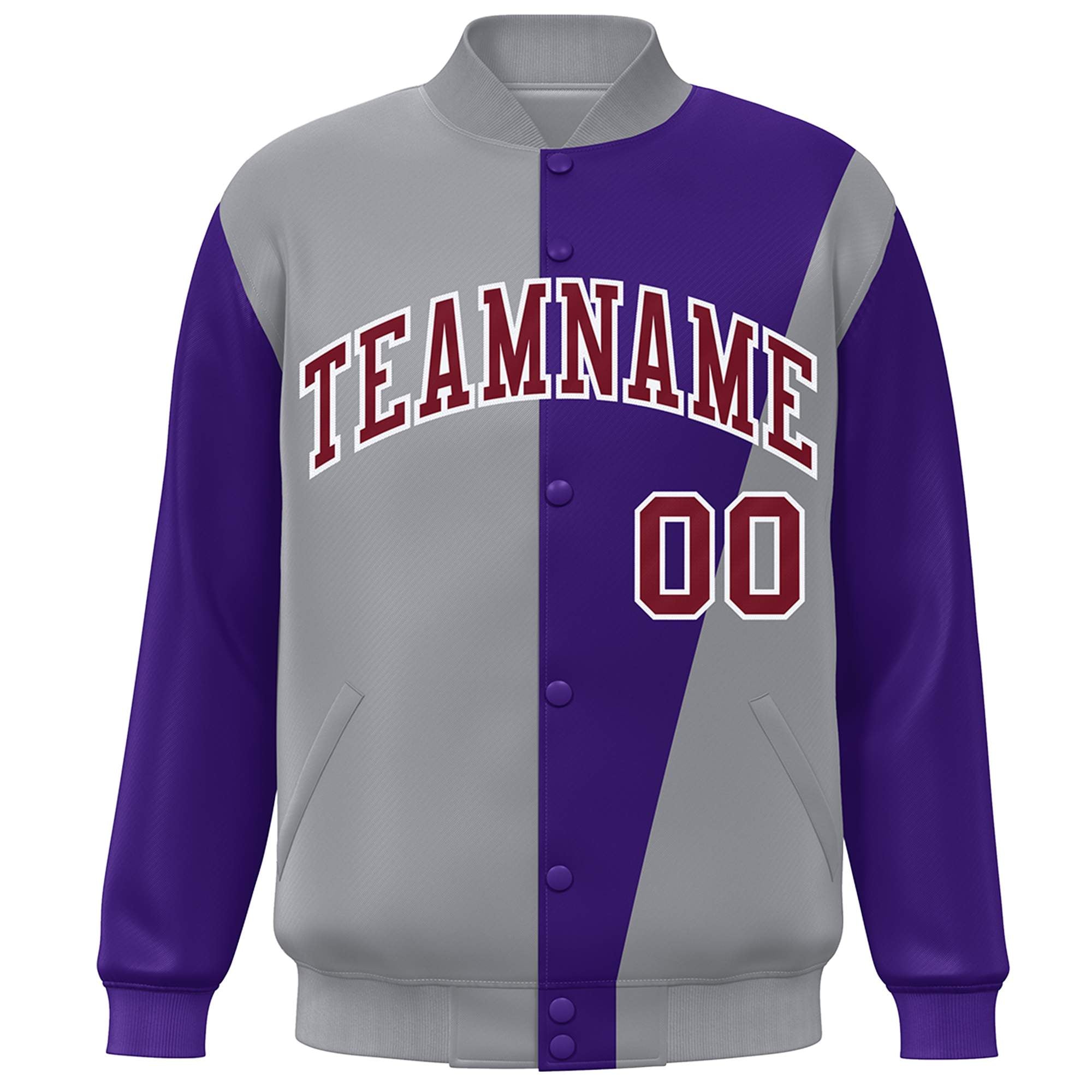 Custom Gray Purple-Crimson Color Block Varsity Full-Snap Bomber Jacket