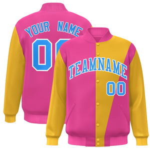 Custom Pink Yellow-Powder Blue Color Block Varsity Full-Snap Bomber Jacket