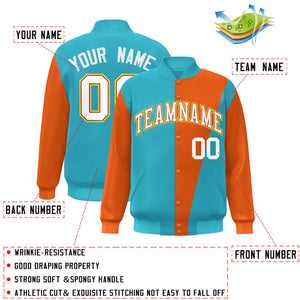 Custom Light Blue Orange-White Color Block Varsity Full-Snap Bomber Jacket