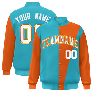 Custom Light Blue Orange-White Color Block Varsity Full-Snap Bomber Jacket