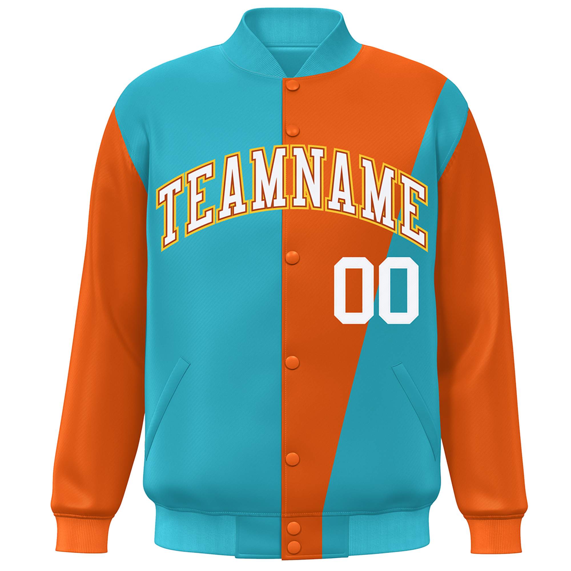 Custom Light Blue Orange-White Color Block Varsity Full-Snap Bomber Jacket