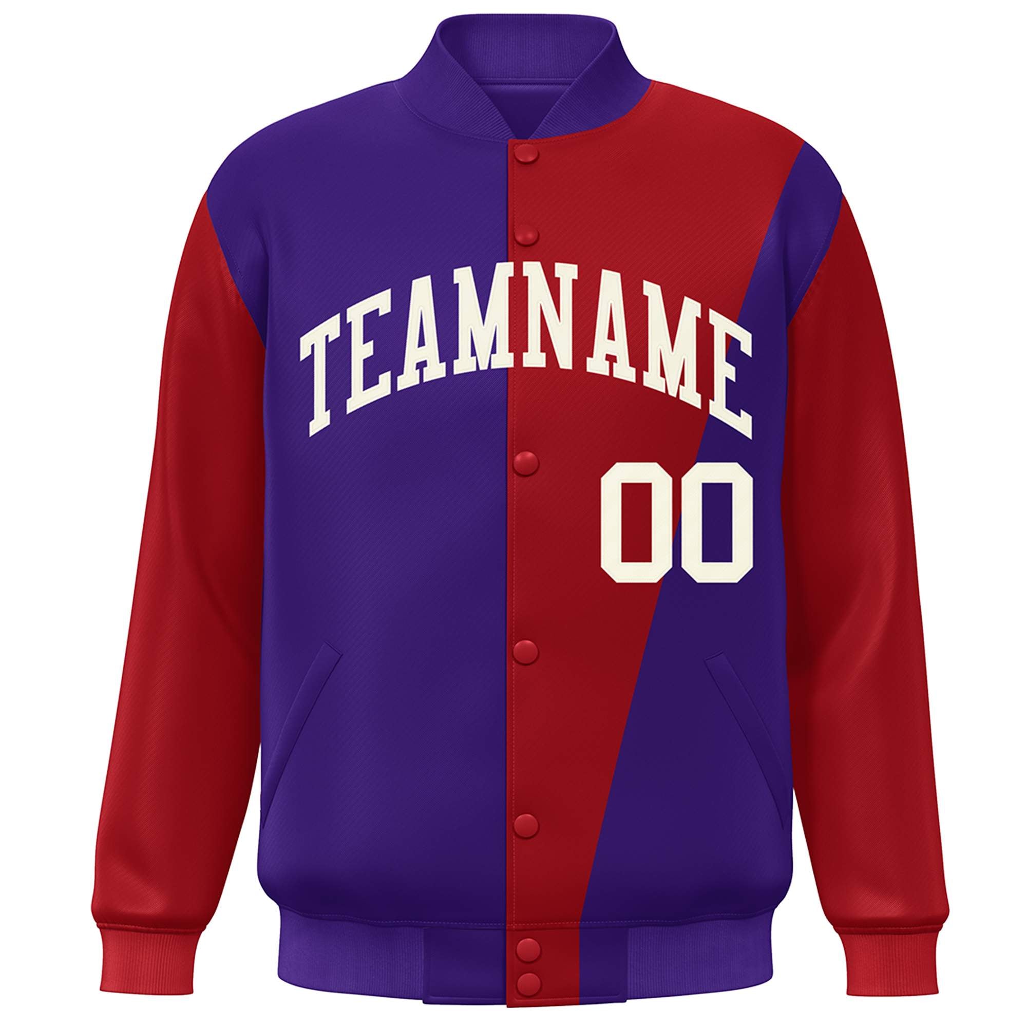 Custom Purple Crimson-White Color Block Varsity Full-Snap Bomber Jacket