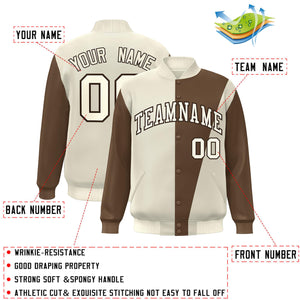 Custom Cream Brown Color Block Varsity Full-Snap Bomber Jacket