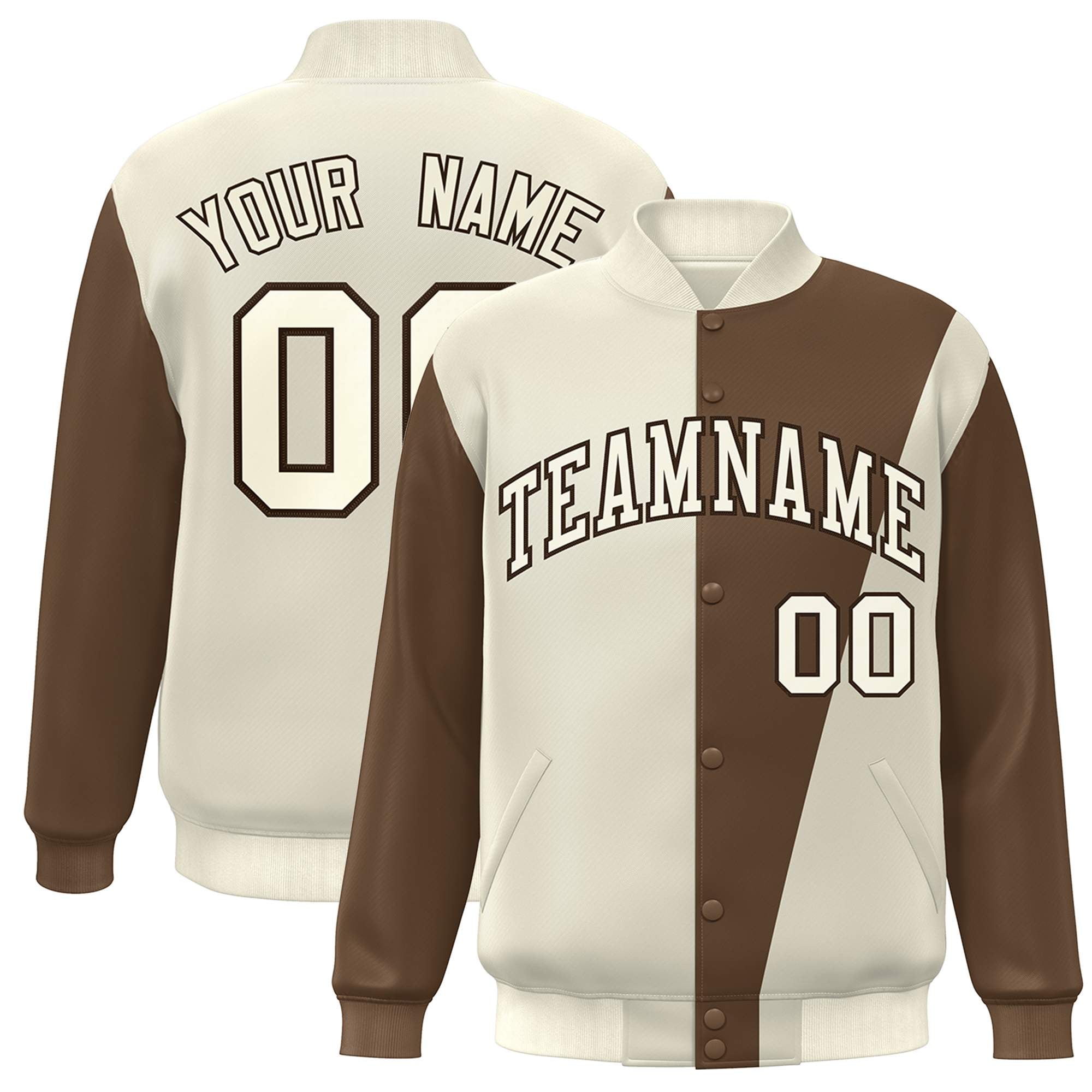 Custom Cream Brown Color Block Varsity Full-Snap Bomber Jacket